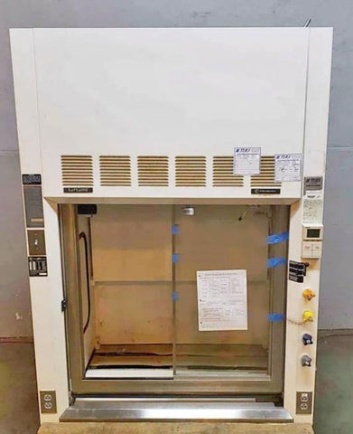 Hamilton SafeAire 4-Foot Pre-Owned Fume Hood for sale with glass door and control panel on a gray background