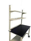  mobile lab bench with adjustable upper shelves, casters, phenolic resin countertop, power strip, and lower shelf 
