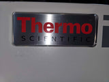 Thermo Scientific logo on a metallic surface, Thermo Scientific pre-owned –86°C ULT freezer, 19 cu. ft, Model TSX40086D60, 208–230V, for lab sample and vaccine storage