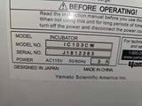 Label on a Yamato general purpose incubator with model, serial, and power details, featuring Yamato Scientific America Inc.