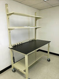 5 ft heavy-duty mobile lab bench with phenolic resin countertop, upper shelves and casters