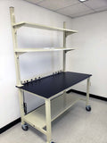 6 foot mobile lab bench with adjustable upper shelves, casters, phenolic resin countertop, power strip, and lower shelf | MBH3072-PR (NEW)