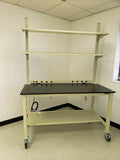 8 ft heavy-duty mobile lab bench for sale  with laminate countertop, upper shelves and locking casters. Warranty included