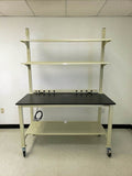 8 ft heavy-duty mobile lab bench for sale  with laminate countertop, upper shelves and locking casters. Warranty included