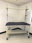 6 foot mobile lab bench with adjustable upper shelves, casters, phenolic resin countertop, power strip, and lower shelf | MBH3072-PR (NEW)