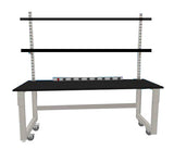 Quick Labs 4 foot light duty Mobile lab bench with phenolic resin countertop, (2) upper shelves, undercounter shelf, power strip, and casters (30"D x 48"L x 36"H)--adjustable height | QMBL3048-PR