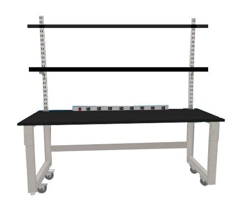 Quick Labs 5 foot light duty Mobile lab bench with plastic laminate countertop, (2) upper shelves, undercounter shelf, power strip, and casters (30"D x 60"L x 36"H)--adjustable height | QMBL3060-PL