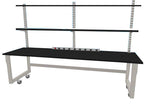 Quick Labs 8 foot light duty Mobile lab bench with phenolic resin countertop, (2) upper shelves, undercounter shelf, power strip, and casters (30"D x 96"L x 36"H)--adjustable height | QMBL3096-PR