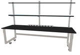 Quick Labs 8 foot light duty Mobile lab bench with phenolic resin countertop, (2) upper shelves, undercounter shelf, power strip, and casters (30"D x 96"L x 36"H)--adjustable height | QMBL3096-PR