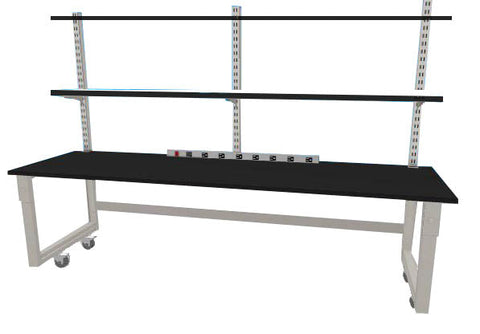 Quick Labs 8 foot light duty Mobile lab bench with phenolic resin countertop, (2) upper shelves, undercounter shelf, power strip, and casters (30"D x 96"L x 36"H)--adjustable height | QMBL3096-PR