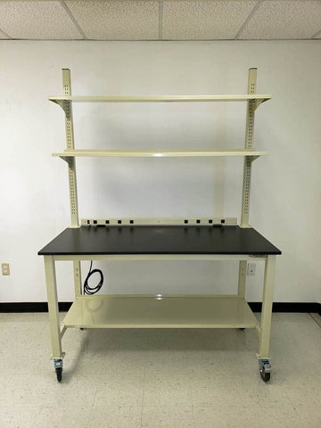 Quick Labs 8 foot heavy duty Mobile lab bench with plastic laminate countertop, (2) upper shelves, undercounter shelf, power strip, and casters (30"D x 96"L x 36"H)--adjustable height | QMBH3096-PL