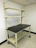 Quick Labs 5 foot heavy duty Mobile lab bench with phenolic resin countertop, (2) upper shelves, undercounter shelf, power strip, and casters (30"D x 60"L x 36"H)--adjustable height | QMBH3060-PR