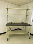 Quick Labs 8 foot heavy duty Mobile lab bench with phenolic resin countertop, (2) upper shelves, undercounter shelf, power strip, and casters (30"D x 96"L x 36"H)--adjustable height | QMBH3096-PR